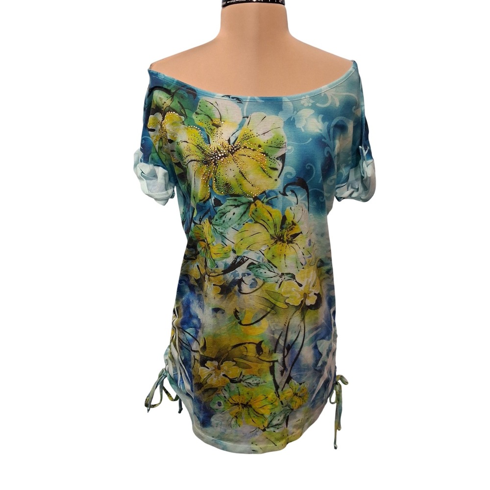 Fashion Bug Floral Rhinestone Tunic Top Blue Green Drawstring‎ Ruched Small